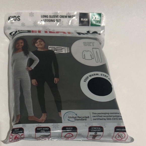 32 Degrees Heat Baselayer Set Kids Size Large Black 2 Pc Crew Shirt & Leggings - Picture 5 of 7